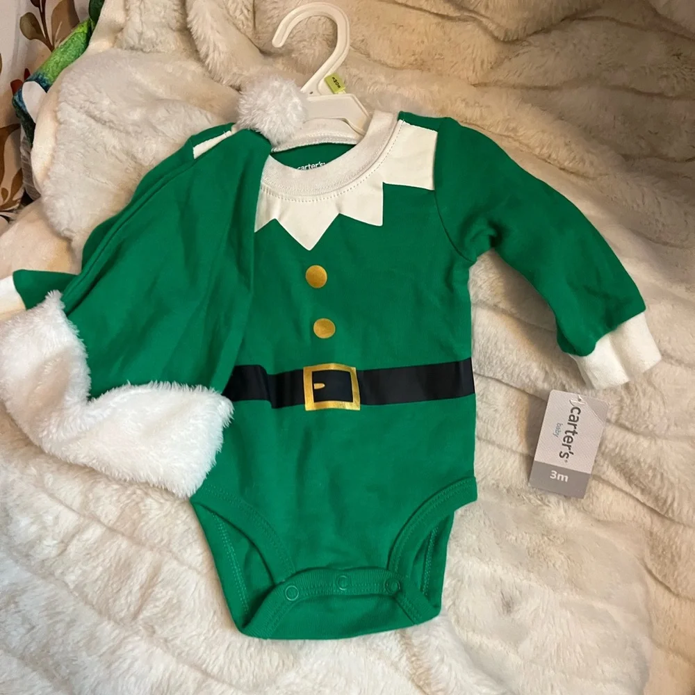 NWT Carters 0/3M Unisex Boys Girl Bodysuit Set Green Elf Pointy Hat Xmas Holiday